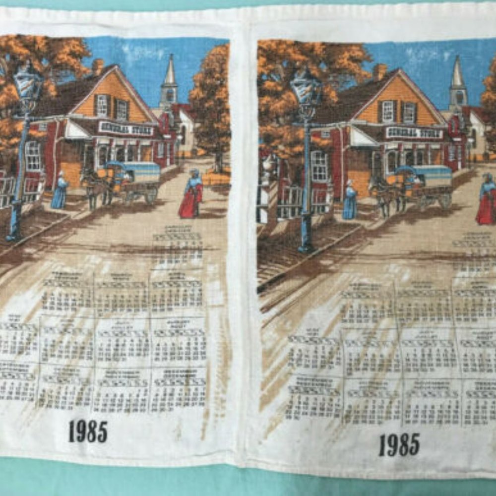 Vtg TWO Autumn General Store 1985 Calendar Kitchen Tea Towel Dish Cloth